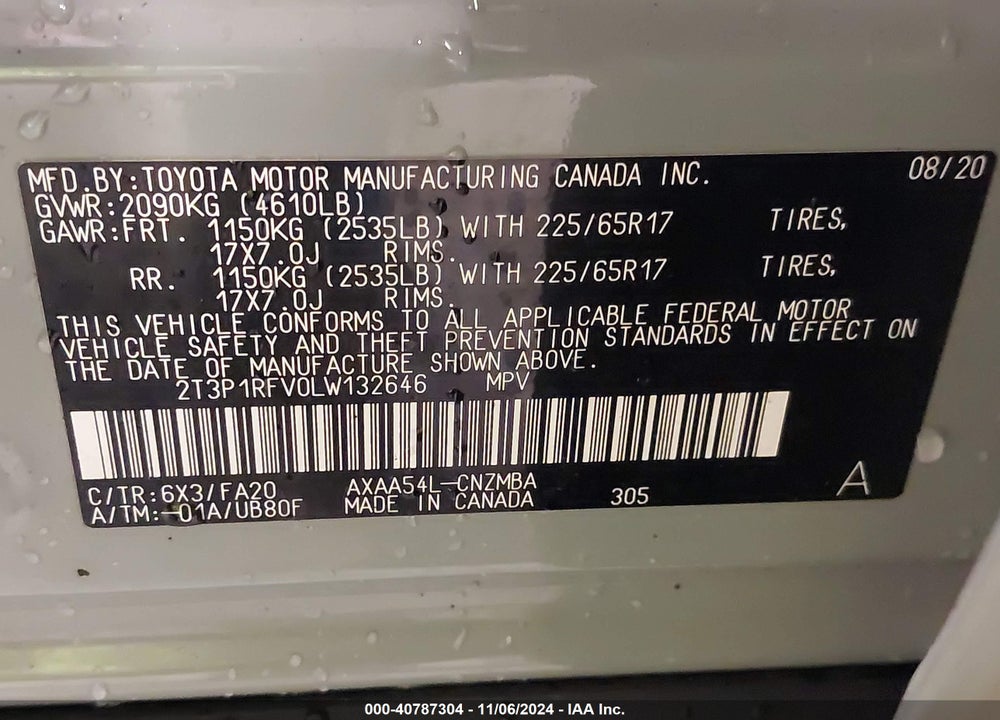 2020 TOYOTA RAV4 XLE VIN: 2T3P1RFV0LW132646
