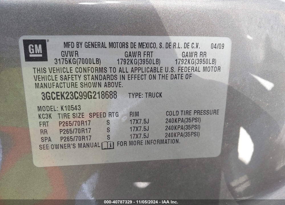 2009 CHEVROLET SILVERADO 1500 LT VIN: 3GCEK23C99G218688