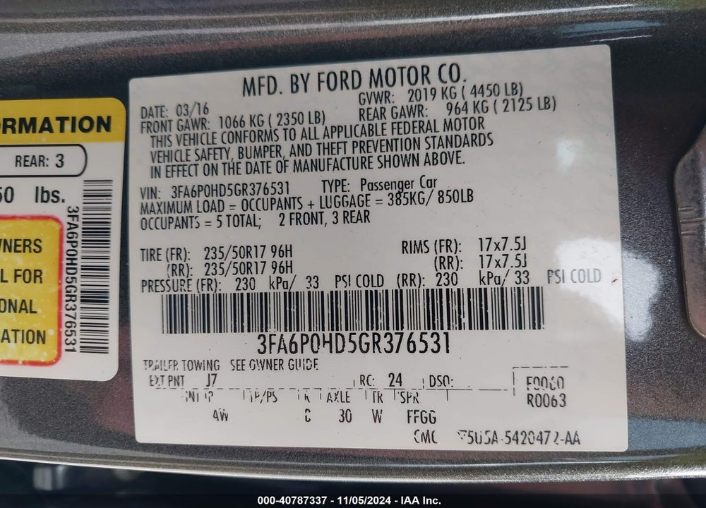 2016 FORD FUSION SE VIN: 3FA6P0HD5GR376531