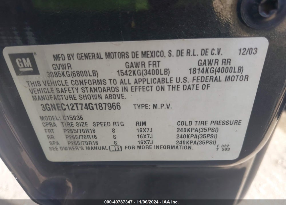 2004 CHEVROLET AVALANCHE 1500 VIN: 3GNEC12T74G187966