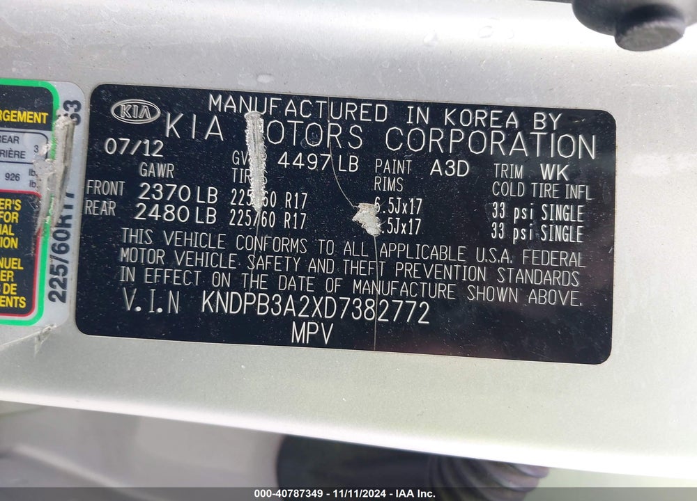 2013 KIA SPORTAGE LX VIN: KNDPB3A2XD7382772