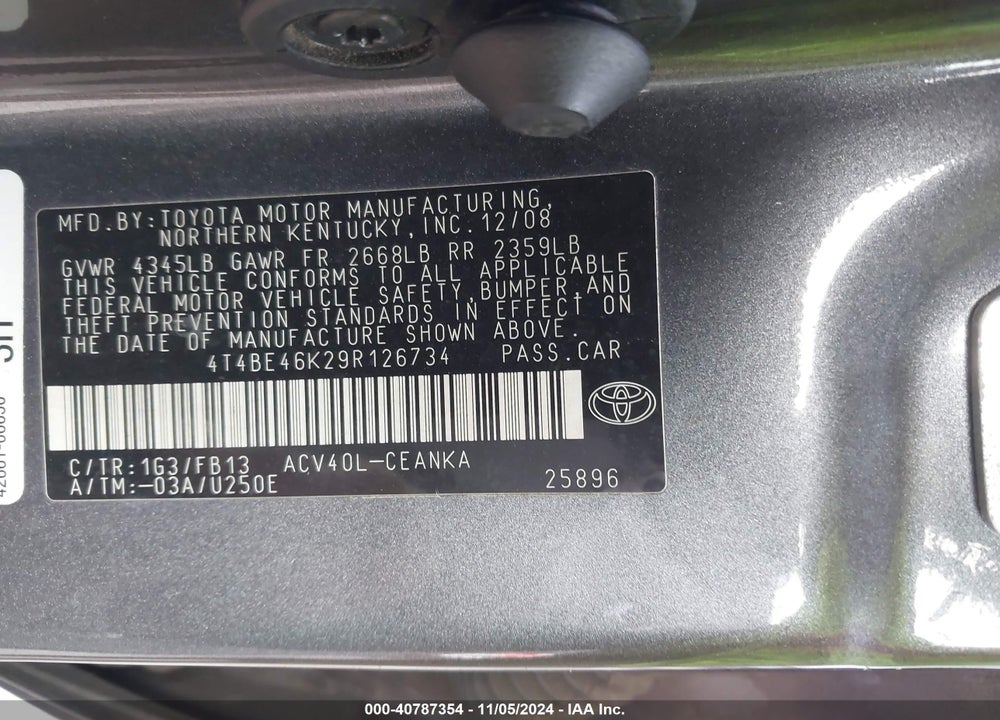 2009 TOYOTA CAMRY LE VIN: 4T4BE46K29R126734