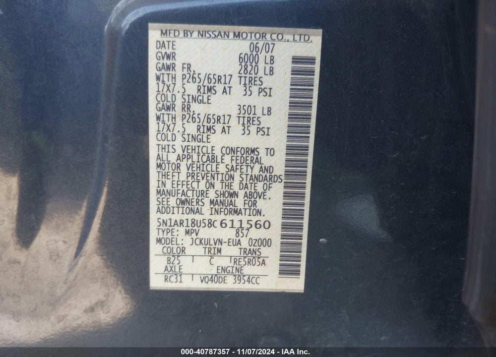 2008 NISSAN PATHFINDER LE VIN: 5N1AR18U58C611560