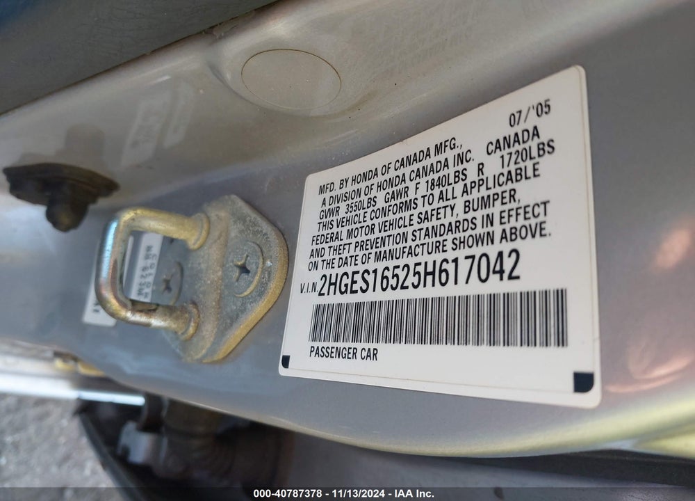 2005 HONDA CIVIC LX VIN: 2HGES16525H617042
