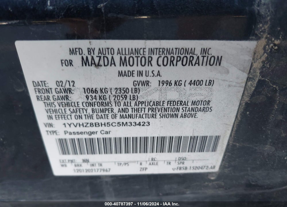 2012 MAZDA 6 I SPORT VIN: 1YVHZ8BH5C5M33423