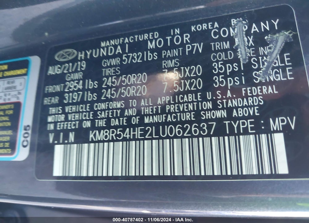 2020 HYUNDAI PALISADE LIMITED VIN: KM8R54HE2LU062637