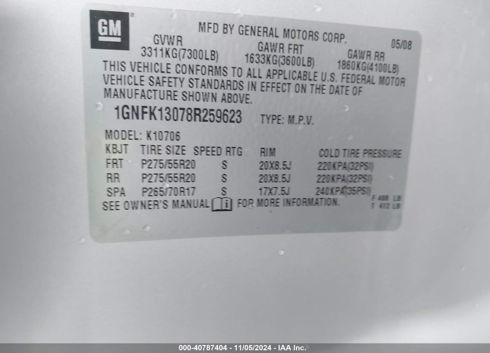 2008 CHEVROLET TAHOE LTZ VIN: 1GNFK13078R259623