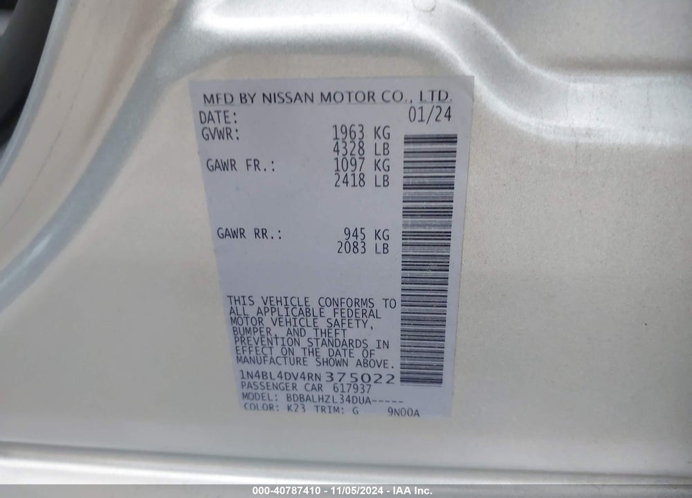 2024 NISSAN ALTIMA SV FWD VIN: 1N4BL4DV4RN375022