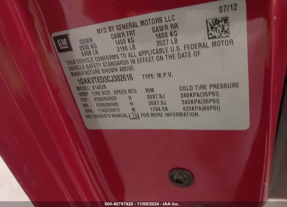 2012 GMC ACADIA DENALI VIN: 1GKKVTED3CJ382616
