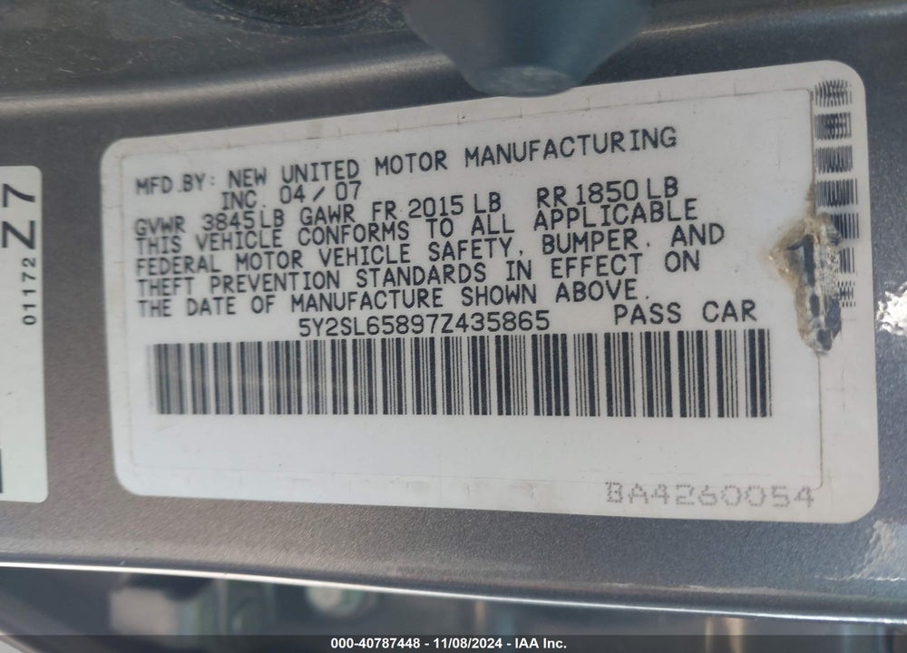 2007 PONTIAC VIBE VIN: 5Y2SL65897Z435865