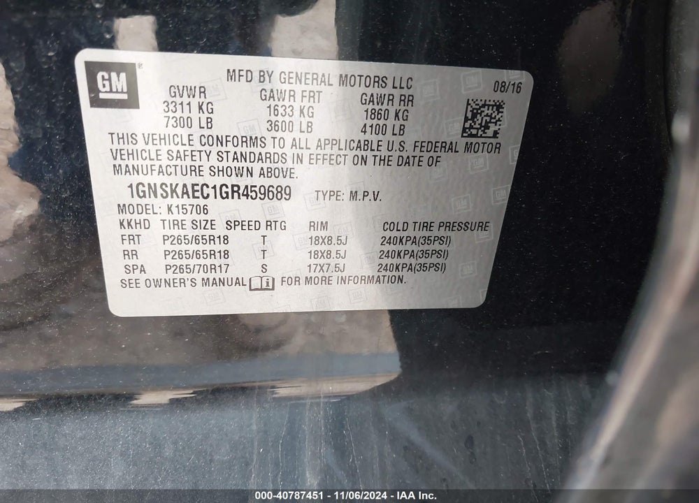 2016 CHEVROLET TAHOE LS VIN: 1GNSKAEC1GR459689