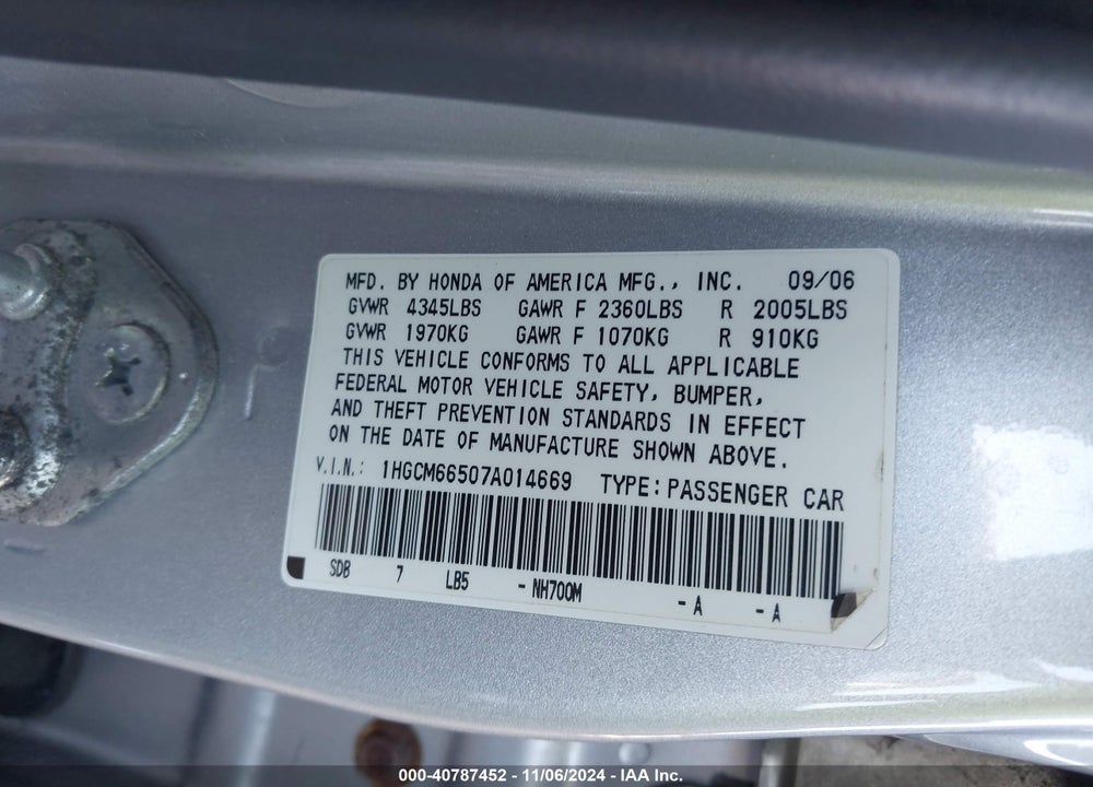 2007 HONDA ACCORD 3.0 EX VIN: 1HGCM66507A014669