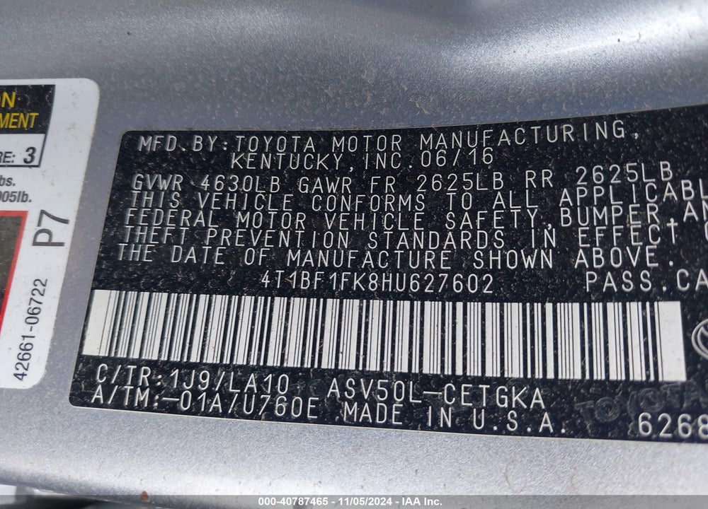 2017 TOYOTA CAMRY XLE VIN: 4T1BF1FK8HU627602