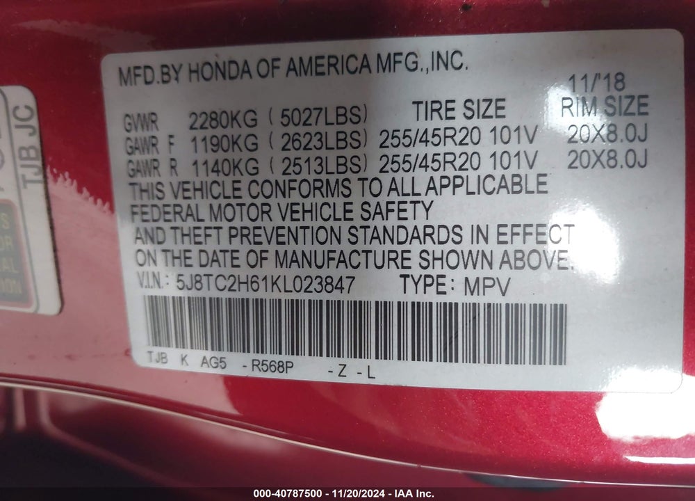 2019 ACURA RDX A-SPEC PACKAGE VIN: 5J8TC2H61KL023847