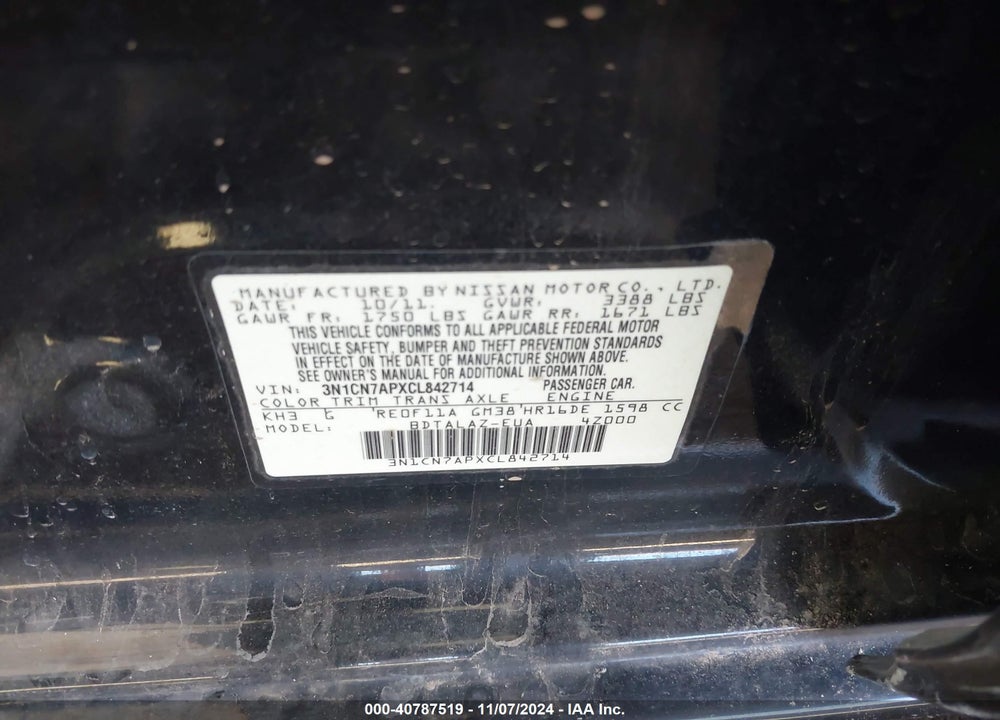2012 NISSAN VERSA 1.6 S+ VIN: 3N1CN7APXCL842714
