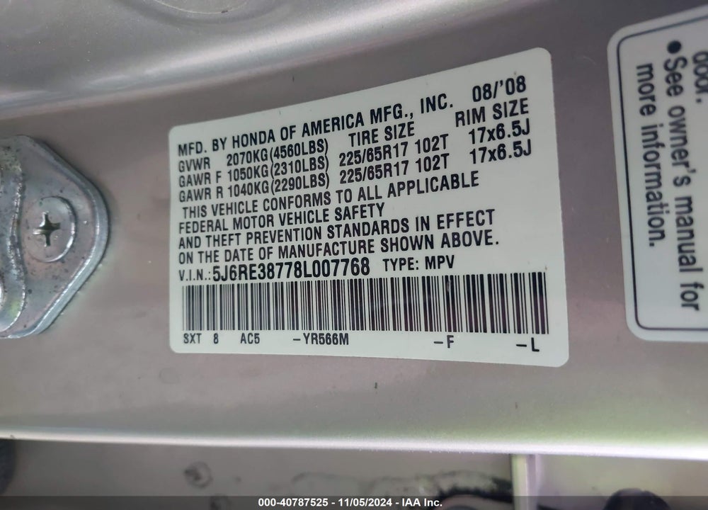 2008 HONDA CR-V EX-L VIN: 5J6RE38778L007768