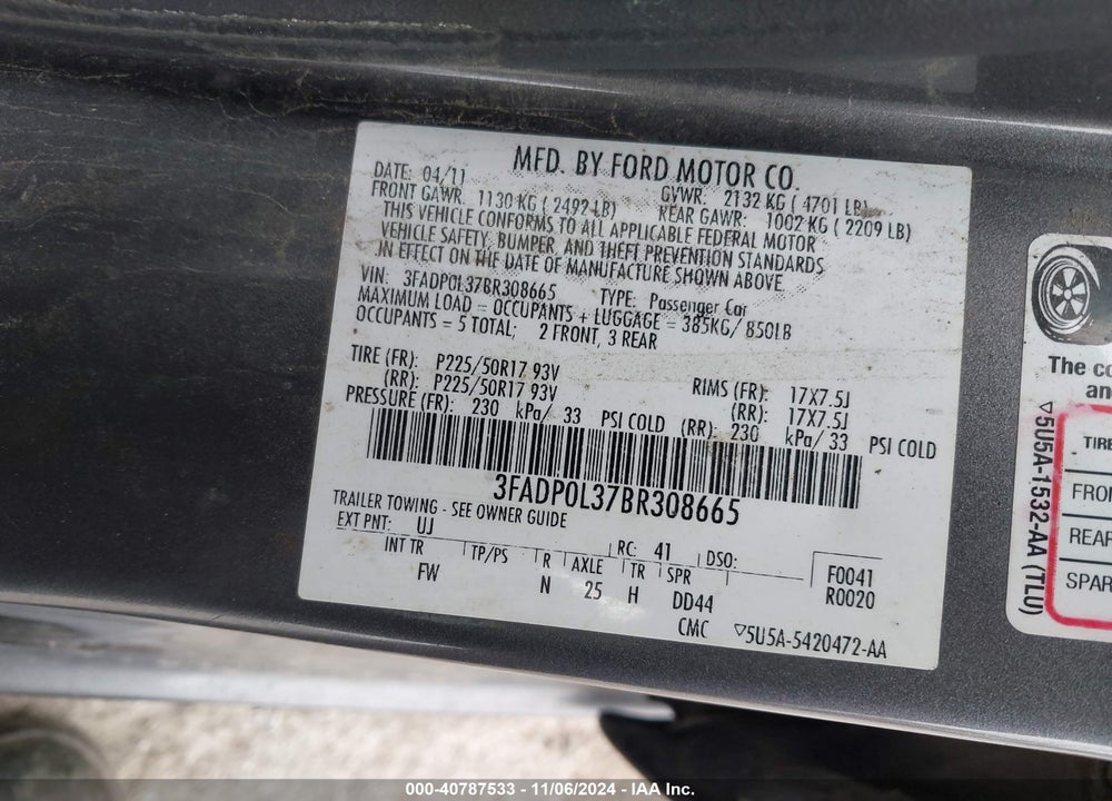 2011 FORD FUSION HYBRID VIN: 3FADP0L37BR308665