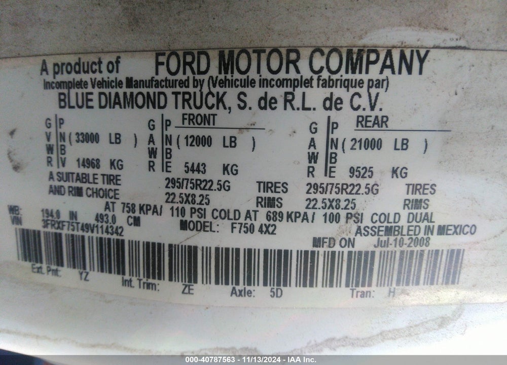 2009 FORD F-750 XL/XLT VIN: 3FRXF75T49V114342