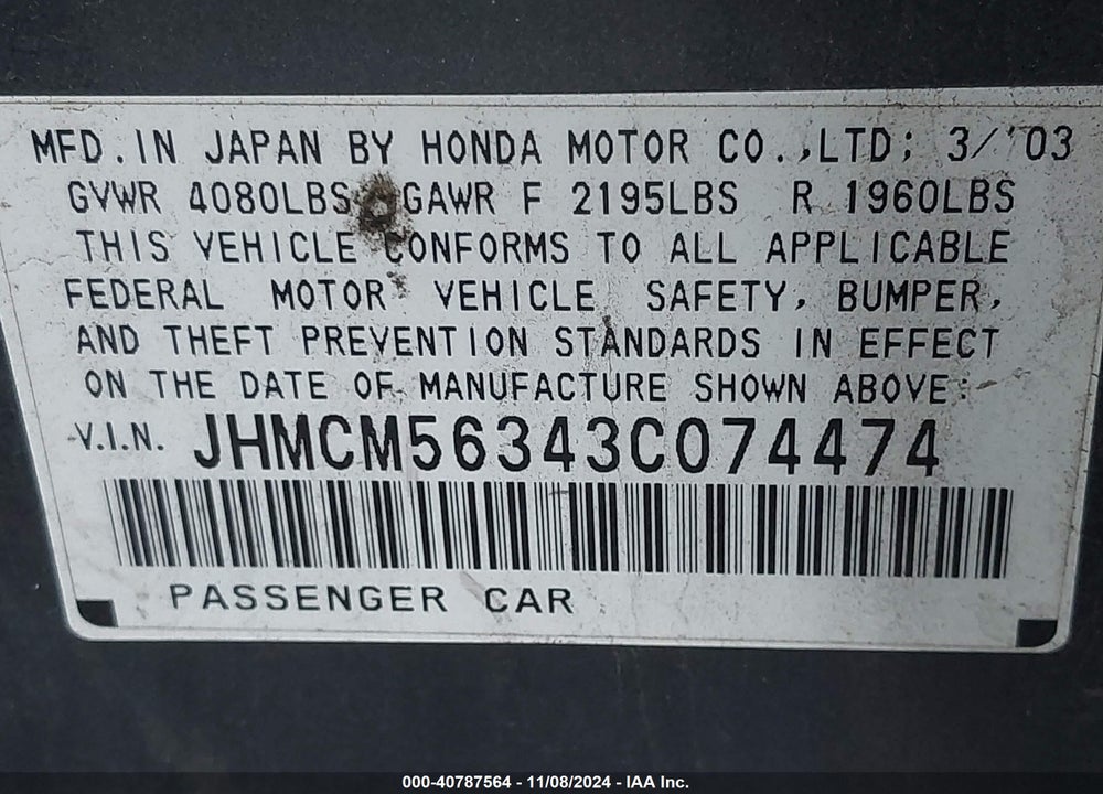 2003 HONDA ACCORD 2.4 LX VIN: JHMCM56343C074474