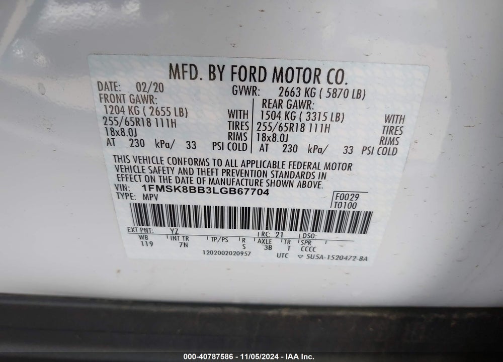 2020 FORD EXPLORER VIN: 1FMSK8BB3LGB67704