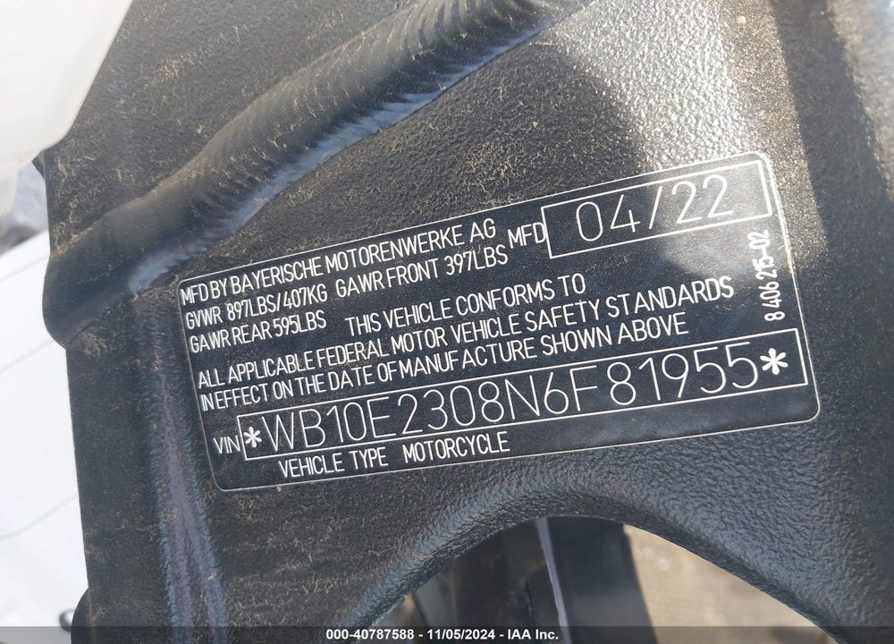 2022 BMW S 1000 RR VIN: WB10E2308N6F81955