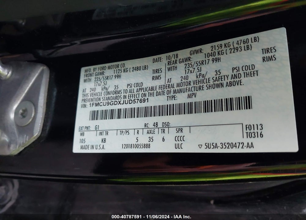 2018 FORD ESCAPE SE VIN: 1FMCU9GDXJUD57691