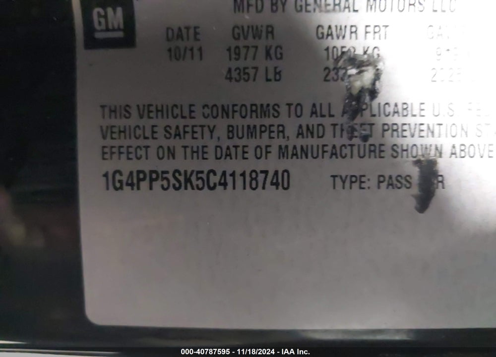 2012 BUICK VERANO VIN: 1G4PP5SK5C4118740