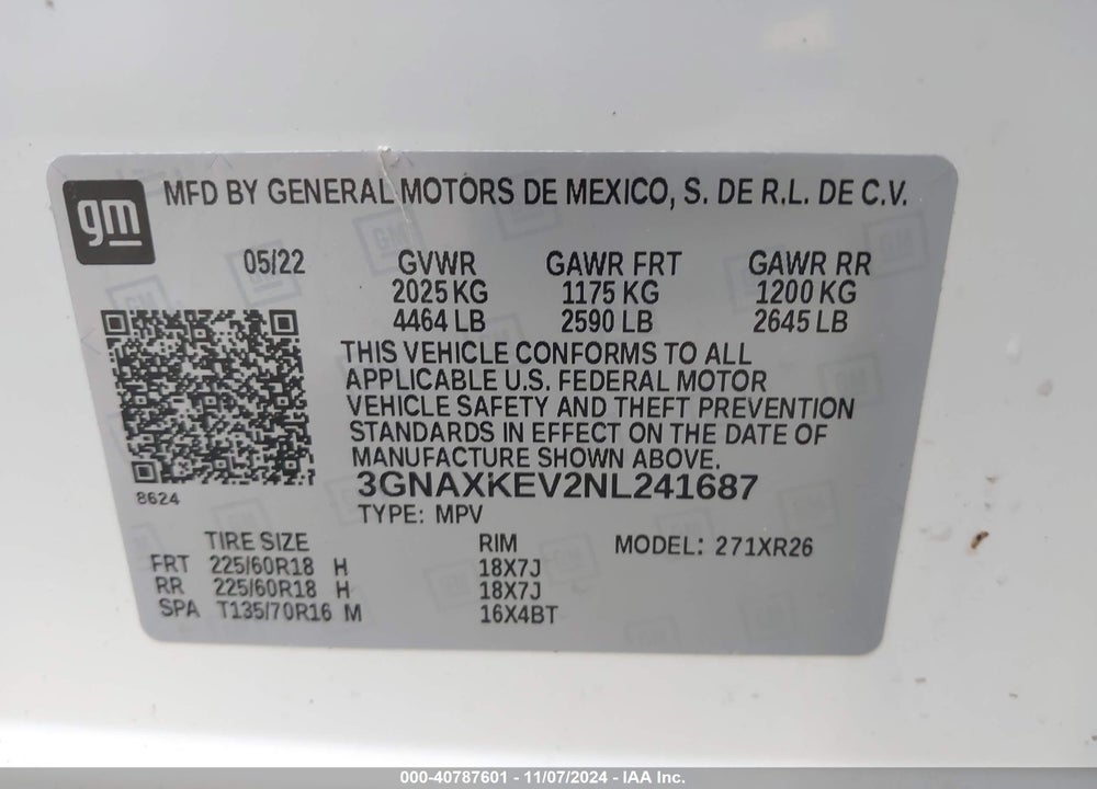 2022 CHEVROLET EQUINOX FWD LT VIN: 3GNAXKEV2NL241687