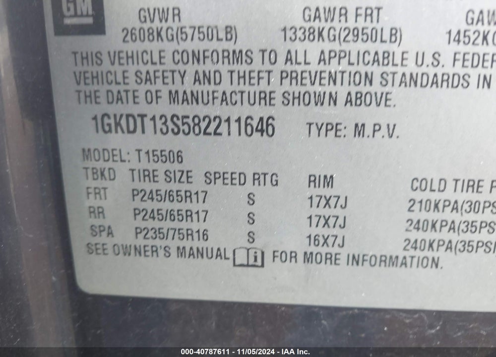 2008 GMC ENVOY SLE VIN: 1GKDT13S582211646