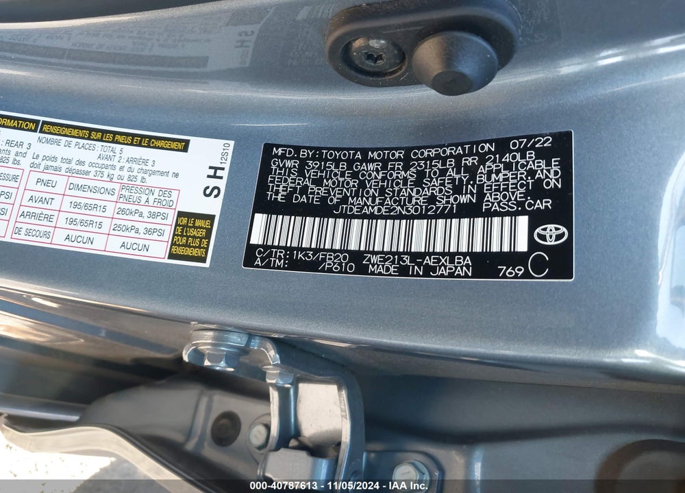 2022 TOYOTA COROLLA HYBRID LE VIN: JTDEAMDE2N3012771