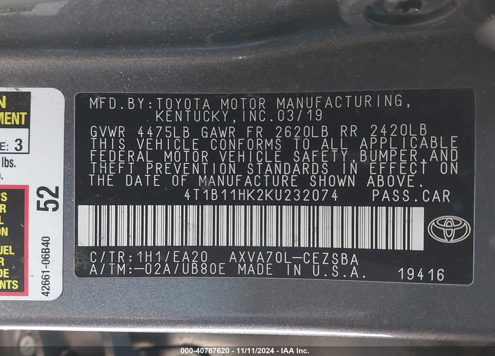 2019 TOYOTA CAMRY SE VIN: 4T1B11HK2KU232074
