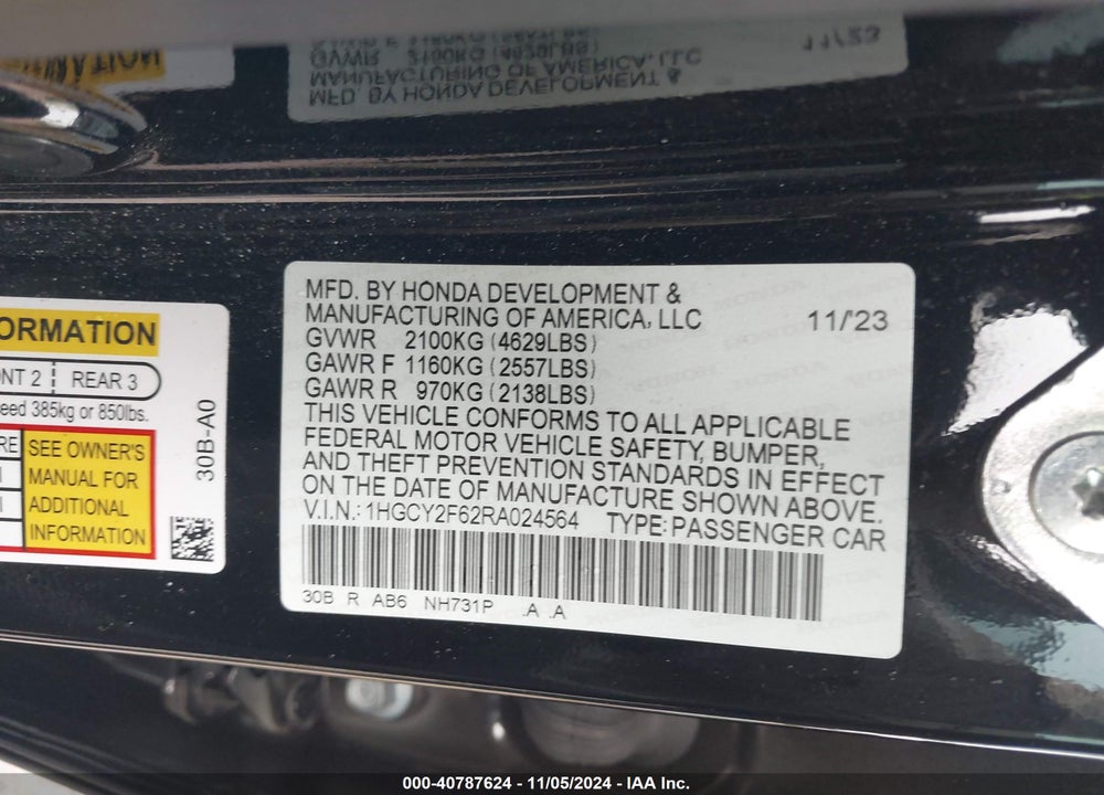 2024 HONDA ACCORD HYBRID EX-L VIN: 1HGCY2F62RA024564