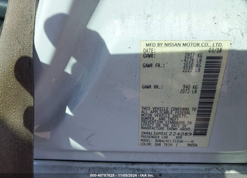 2018 NISSAN ALTIMA 2.5 SV VIN: 1N4AL3AP0JC224089