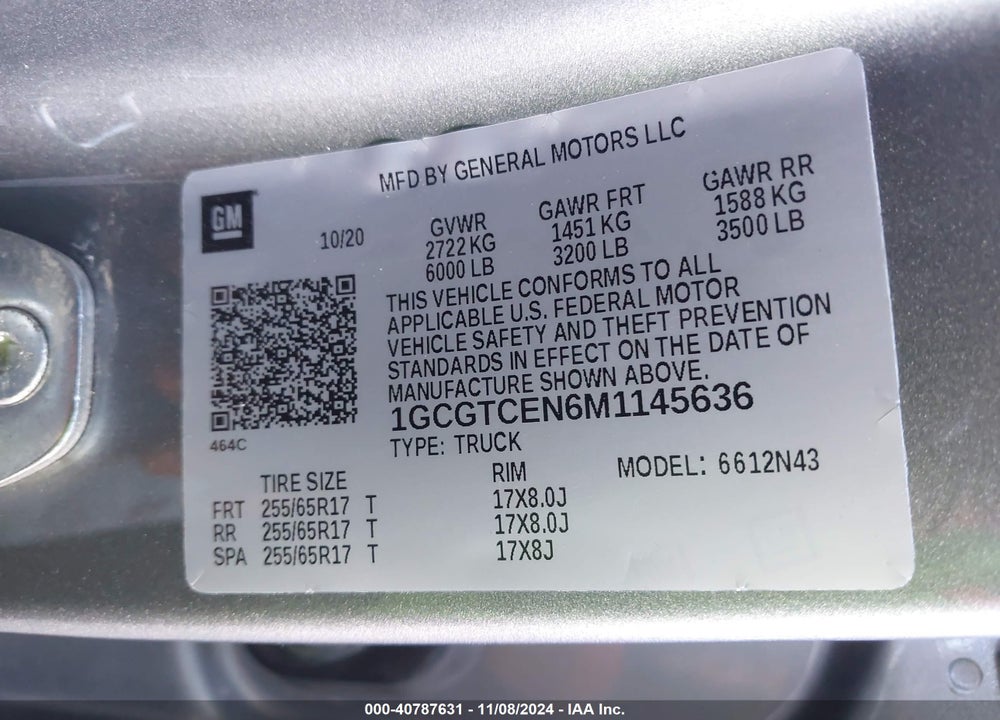 2021 CHEVROLET COLORADO 4WD SHORT BOX LT VIN: 1GCGTCEN6M1145636