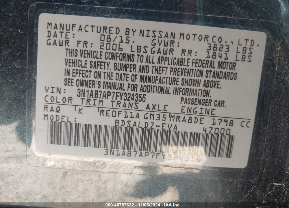 2015 NISSAN SENTRA SV VIN: 3N1AB7AP7FY324356
