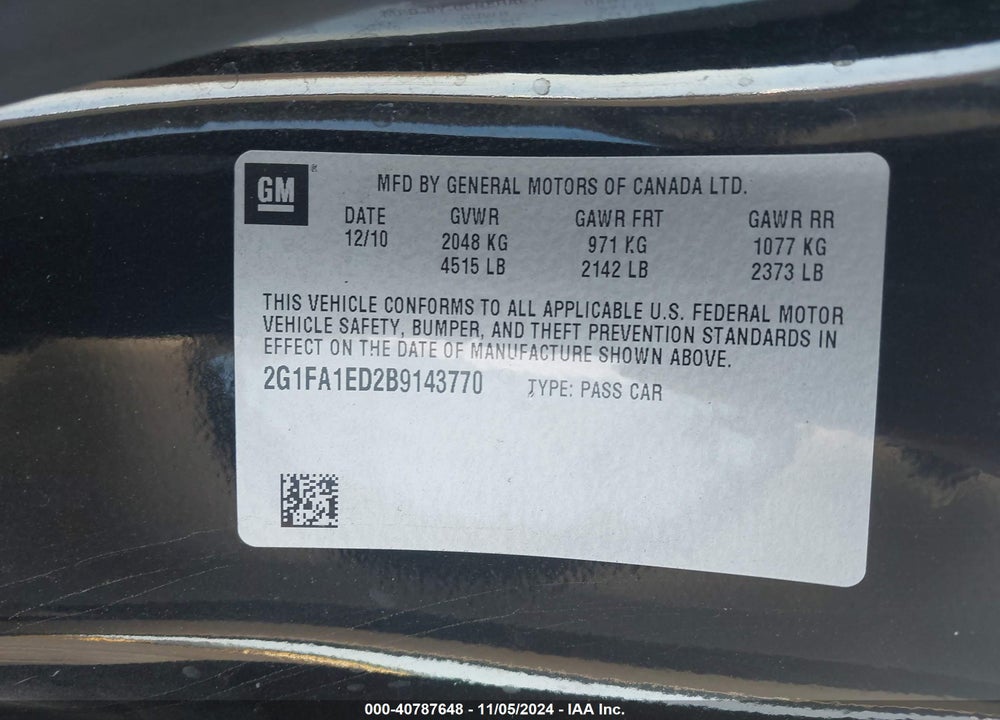 2011 CHEVROLET CAMARO 2LS VIN: 2G1FA1ED2B9143770
