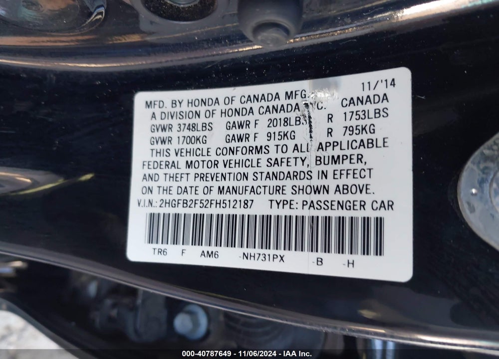 2015 HONDA CIVIC LX VIN: 2HGFB2F52FH512187