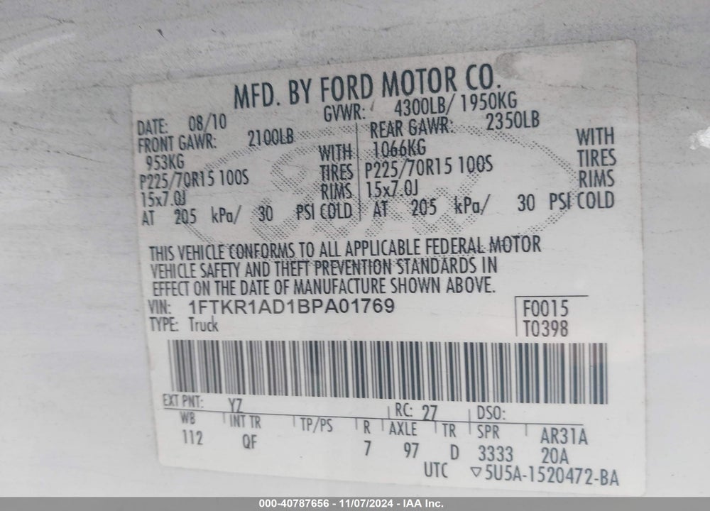 2011 FORD RANGER XL VIN: 1FTKR1AD1BPA01769