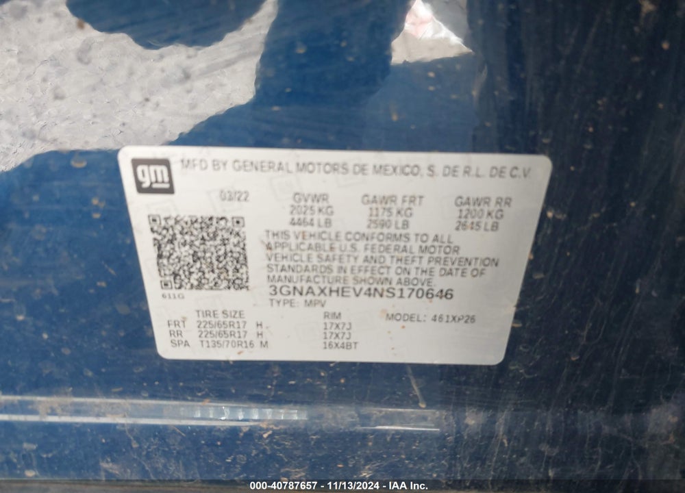 2022 CHEVROLET EQUINOX VIN: 3GNAXHEV4NS170646