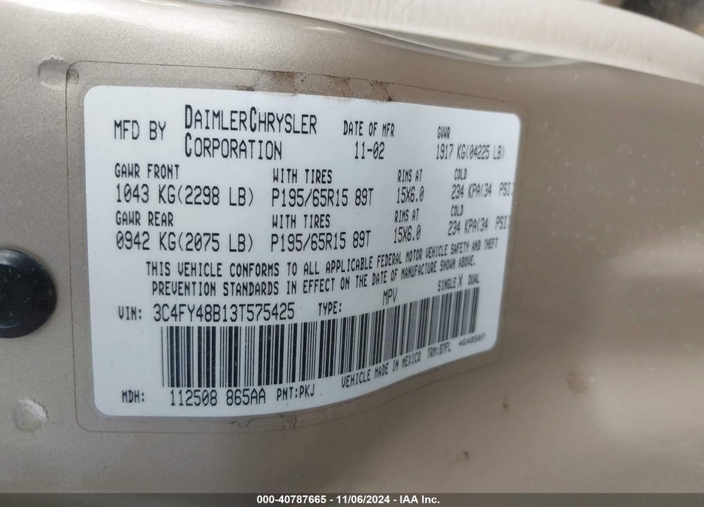 2003 CHRYSLER PT CRUISER VIN: 3C4FY48B13T575425