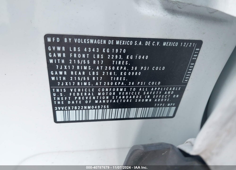 2022 VOLKSWAGEN TAOS 1.5T S VIN: 3VVCX7B22NM049755