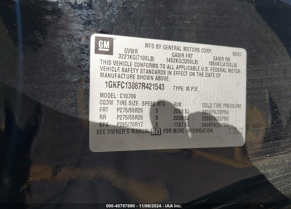 2007 GMC YUKON SLT VIN: 1GKFC13087R421543