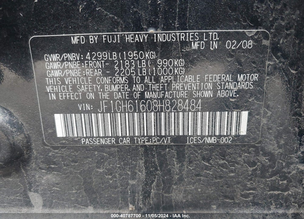 2008 SUBARU IMPREZA 2.5I VIN: JF1GH61608H828484