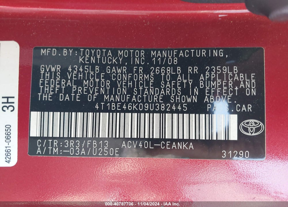 2009 TOYOTA CAMRY LE VIN: 4T1BE46K09U382445