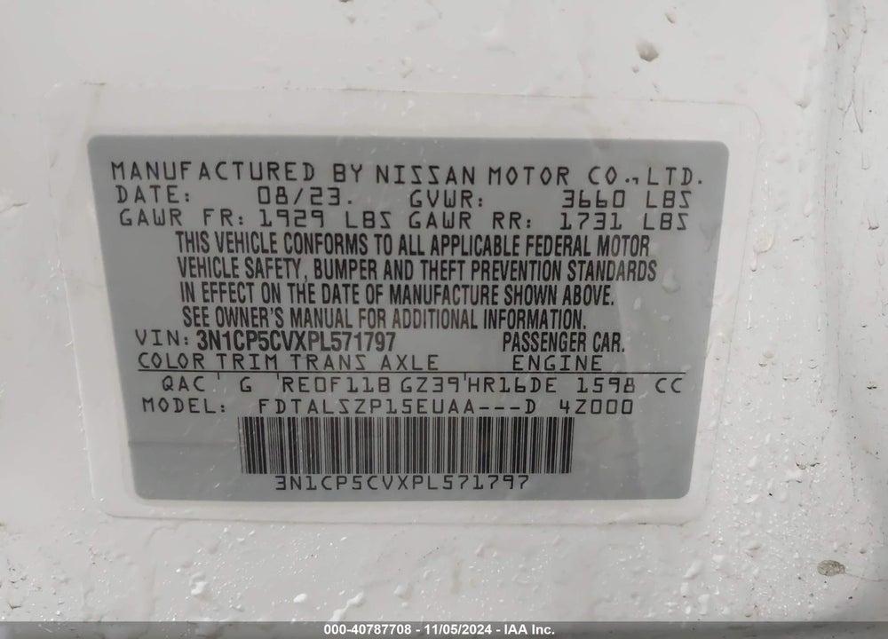 2023 NISSAN KICKS SV XTRONIC CVT VIN: 3N1CP5CVXPL571797
