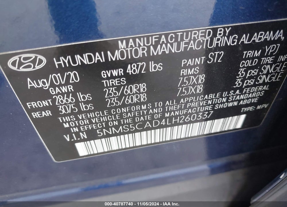 2020 HYUNDAI SANTA FE LIMITED VIN: 5NMS5CAD4LH260337