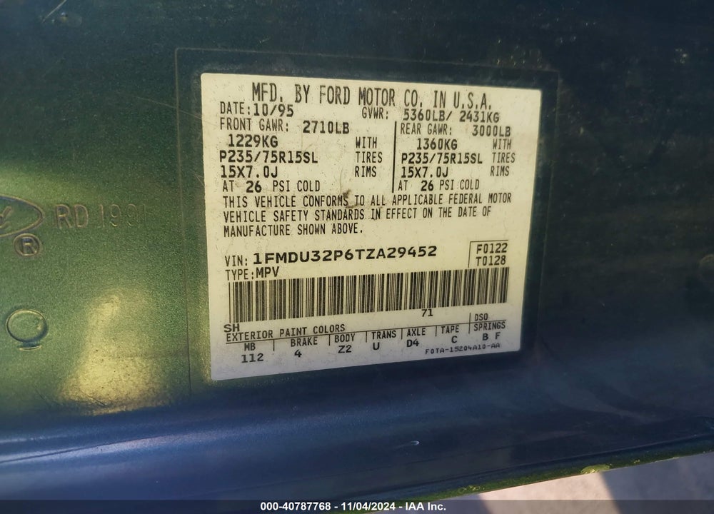 1996 FORD EXPLORER VIN: 1FMDU32P6TZA29452
