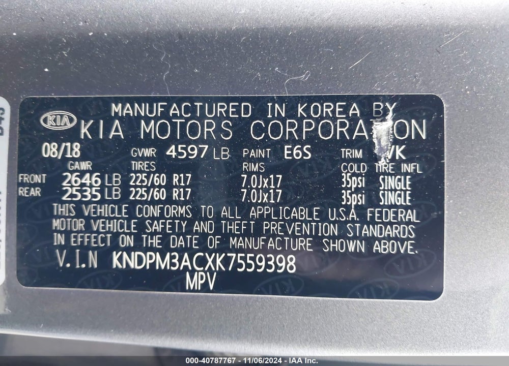 2019 KIA SPORTAGE LX VIN: KNDPM3ACXK7559398