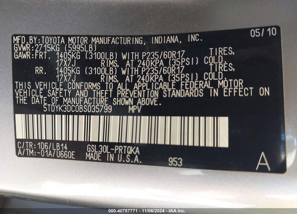 2011 TOYOTA SIENNA XLE LIMITED VIN: 5TDYK3DC0BS035799