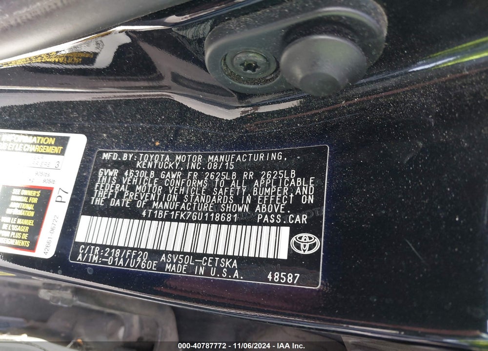 2016 TOYOTA CAMRY SE VIN: 4T1BF1FK7GU118681